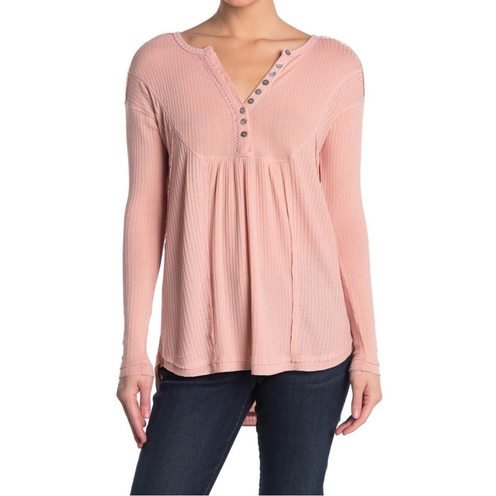 Sweet Romeo Waffle Knit Oversized Henley Blush peach top boho bib loose fit S